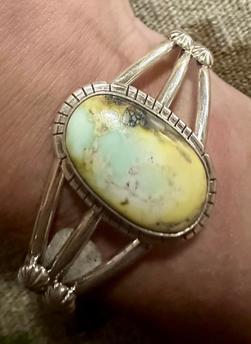Dainty Sterling Silver Cuff with Single Oval Domed Palomino Cabachon, by Navajo Artist Samson Etsitty - Turquoise Mustang