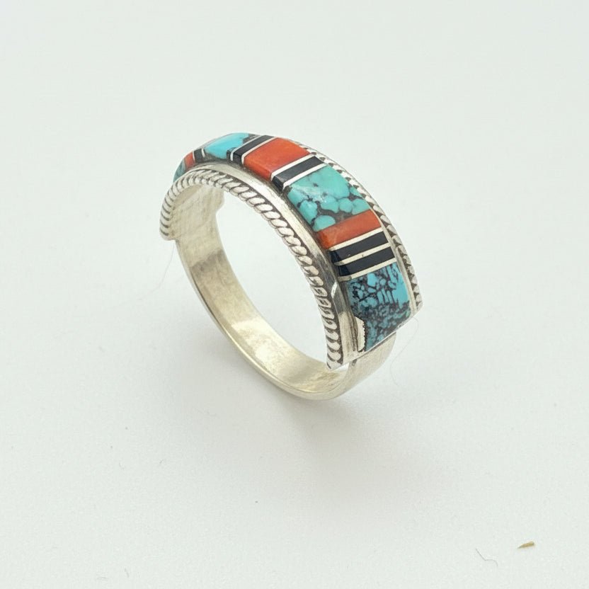Zuni Multi - Color Inlay Sterling Silver Stacker Ring, Size 11.5 Deidre Luna - Turquoise Mustang