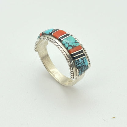 Zuni Multi - Color Inlay Sterling Silver Stacker Ring, Size 11.5 Deidre Luna - Turquoise Mustang