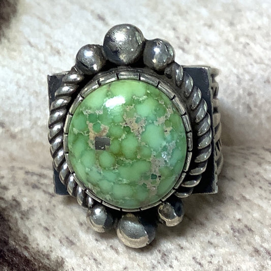 Ring, Oval Carico Lake, Rope/Bead Bezel, Stamped Shank, Albert Jake - Turquoise Mustang