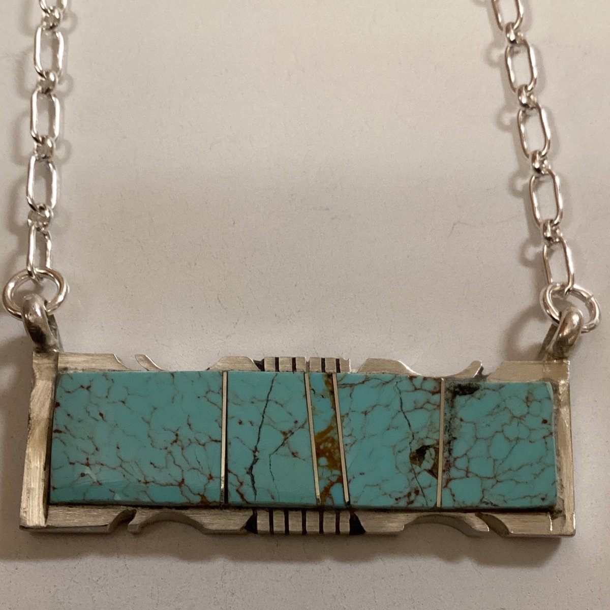Necklace, fancy bar necklace, turquoise inlay, file work bezel - Turquoise Mustang