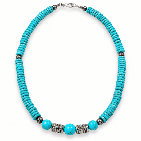 Sleeping Beauty Turquoise Heishi & Sterling Silver Storyteller Bead Necklace - Turquoise Mustang