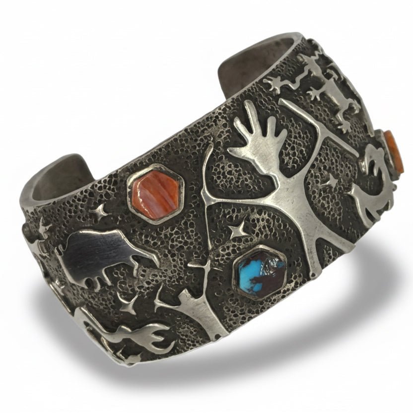 Sand Cast Sterling Silver Cuff Bracelet with Petroglyph Motifs and Pentagon Stones — By Danny Romero - Turquoise Mustang