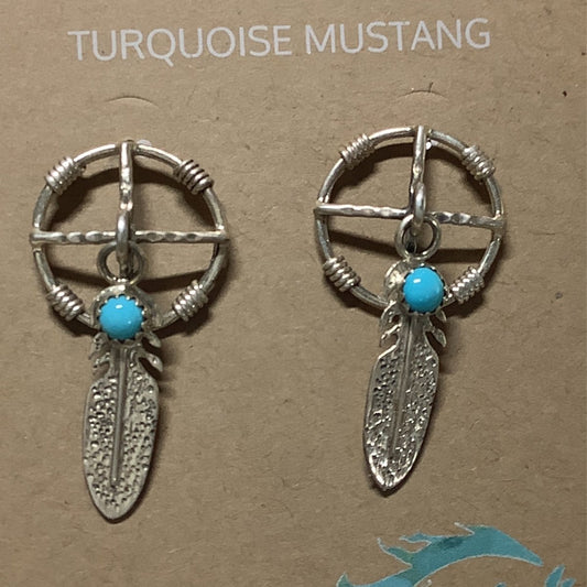 Earring, Dream Catcher with Tufa cast feathres and SB cabs, unknown - Turquoise Mustang