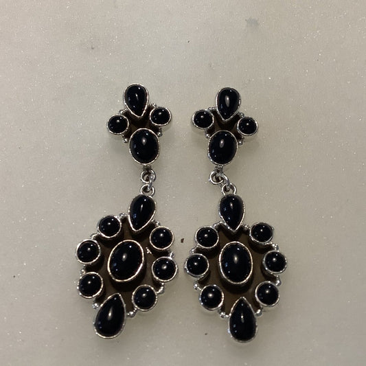 Earrings, Onyx Onyx,Oval Cluster drop on Round Cluster Stud, DD - Turquoise Mustang