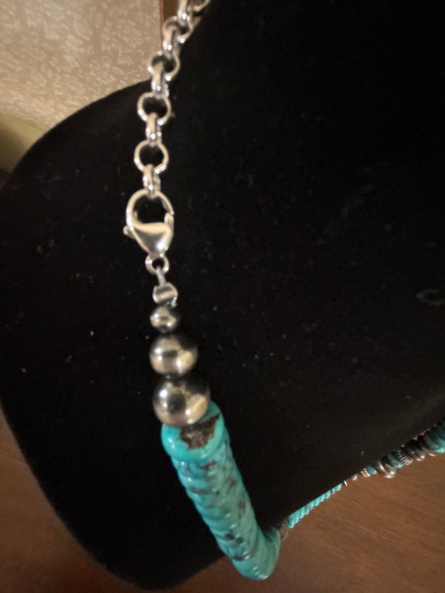 Necklace, 26” 12mm Sonoran Turquoise Rondelles w/ Benchmade Navajo Storyteller Beads and Navajo Pearls, Navajo - Turquoise Mustang