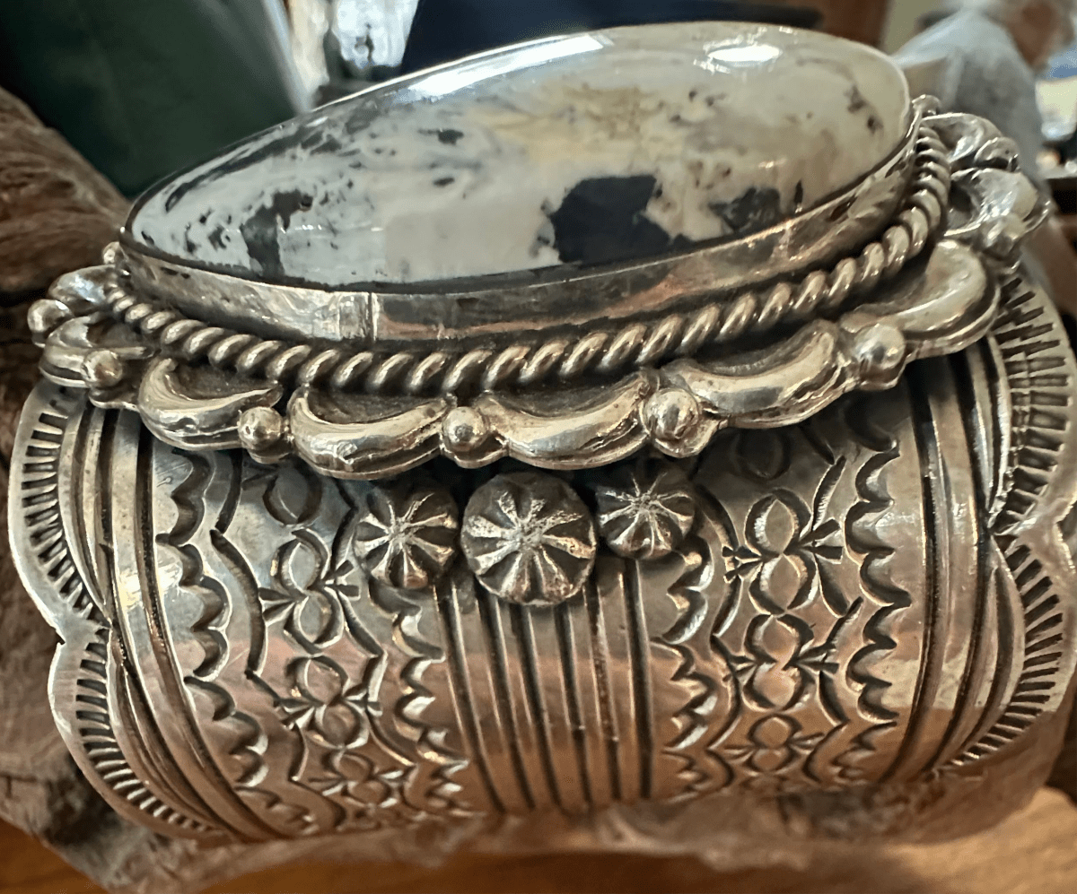 Extra wide cuff, White Buffalo Oval, in Heavy Gauge Sterling Silver by Chris Yazzie - Turquoise Mustang