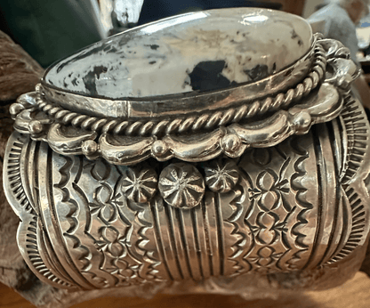Extra wide cuff, White Buffalo Oval, in Heavy Gauge Sterling Silver by Chris Yazzie - Turquoise Mustang