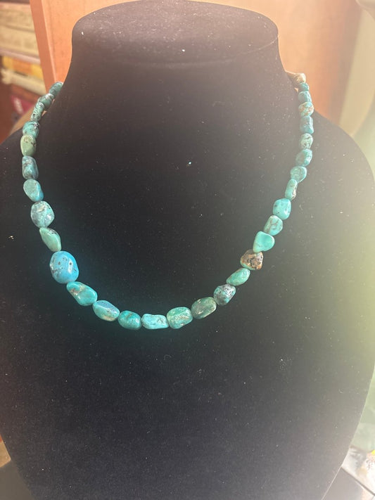 Necklace, 19" Vintage Turquoise Mountain Nuggets w/ Benchmade Cones and Clasp , Navajo - Turquoise Mustang