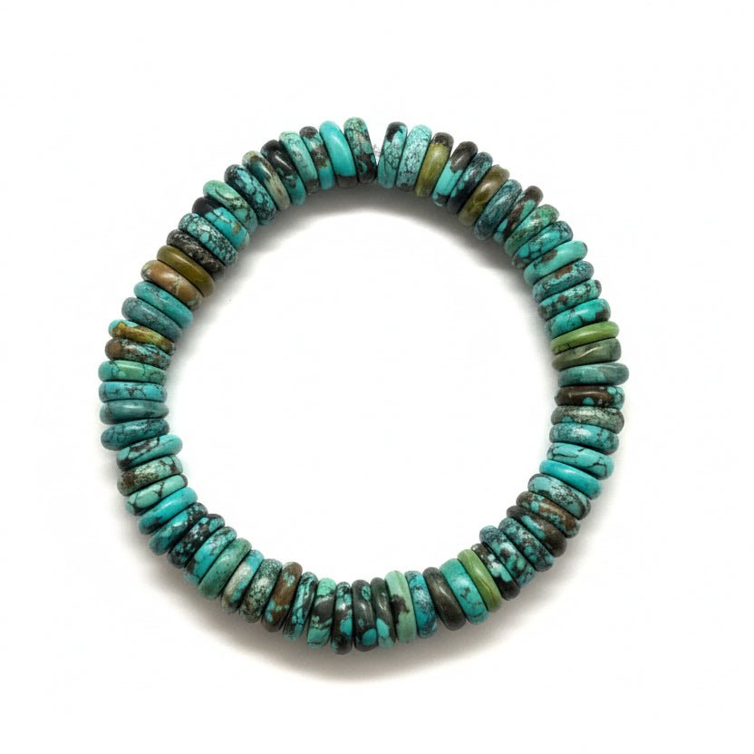 10mm Blue Cloud Mountain Turquoise Heishi Rondelle Stretch Bracelet (6.5”–8”) - Turquoise Mustang