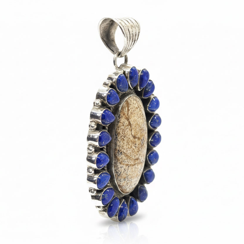 Medium Oval Lapis Cluster Pendant with 18 Pear - Shaped Stones by Dan Dodson - Turquoise Mustang