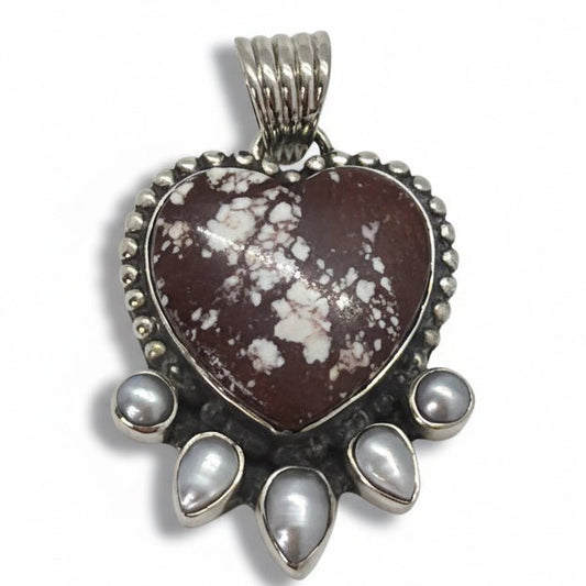 Nasturtium Heart Pendant with Pearls in Wild Horse - Turquoise Mustang