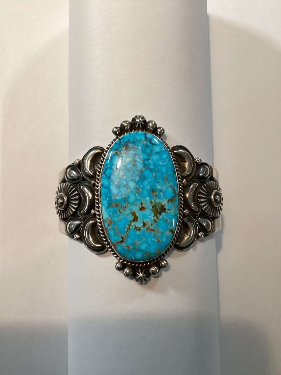 Waterweb Kingman Oval, Repoussé, and Stamp Work, by Derrick Gordon - Turquoise Mustang