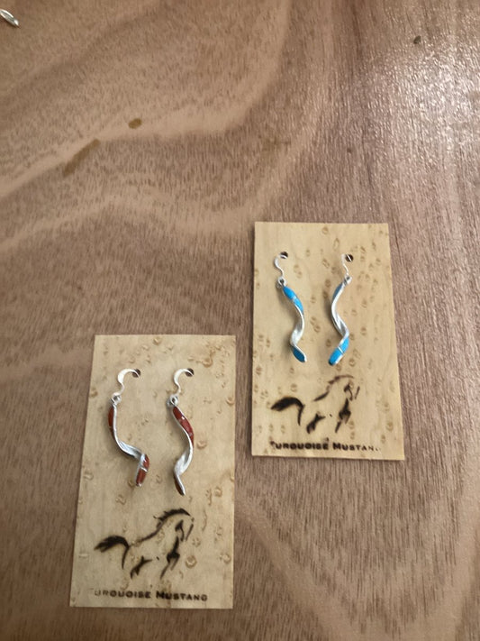 Earrings Twisted Dangle, Turquoise and Coral, Ira Johnson - Turquoise Mustang