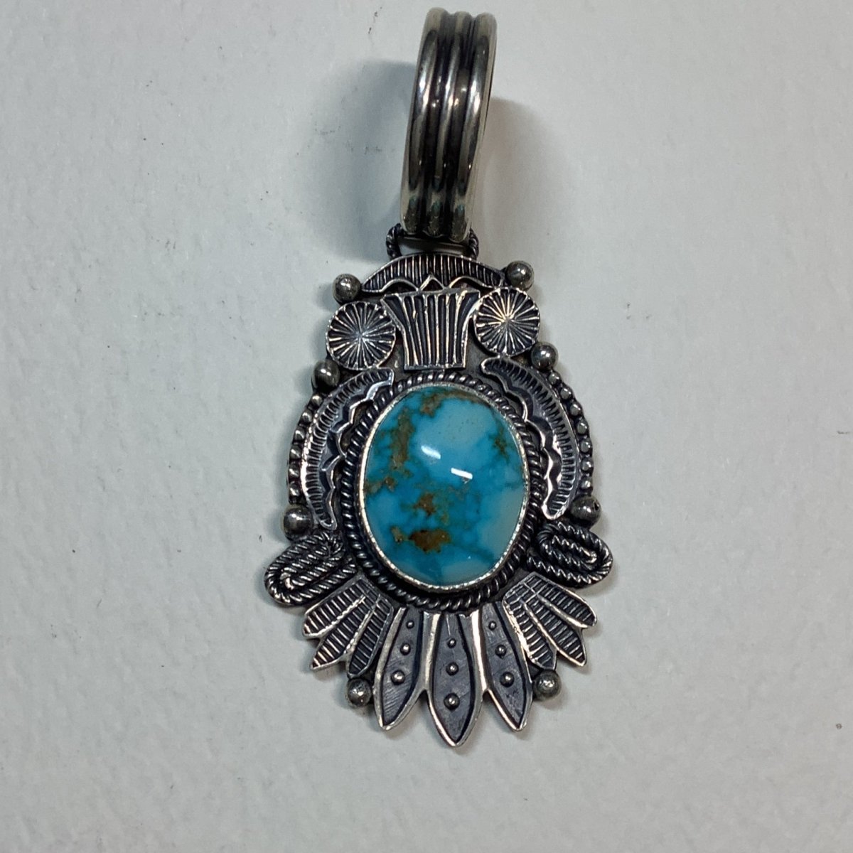 Pendant, Rope/Feather Plate w Kman Birdseye,Fine Stamp Work Roland Dixson - Turquoise Mustang