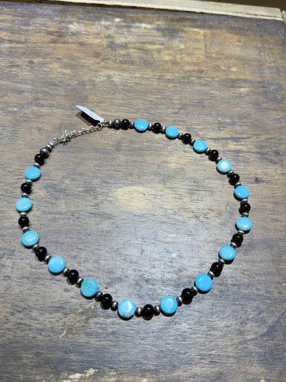 20-Inch Turquoise & Black Onyx Bead Necklace with Sterling Silver Spacers - Turquoise Mustang