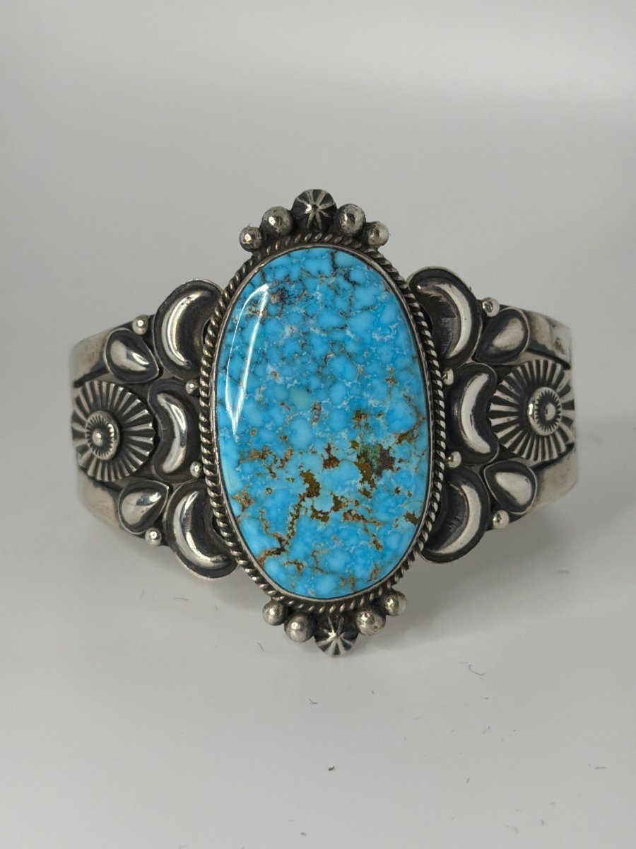 Waterweb Kingman Oval, Repoussé, and Stamp Work, by Derrick Gordon - Turquoise Mustang