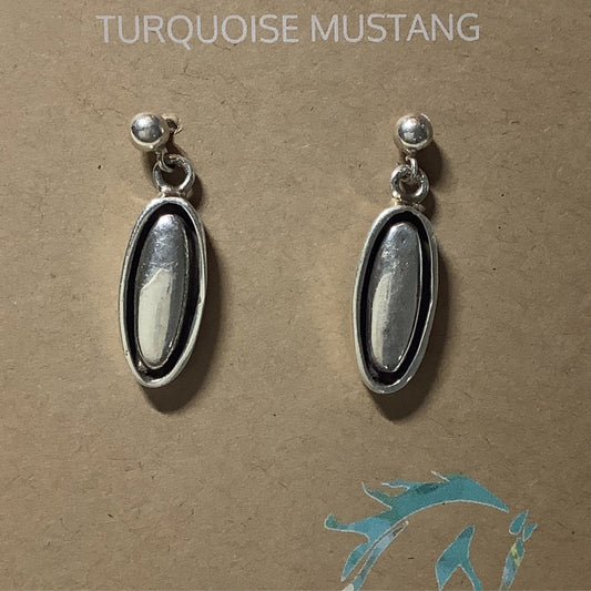 Earring, all silver, small ovals, Ball posts, Earl Lee - Turquoise Mustang
