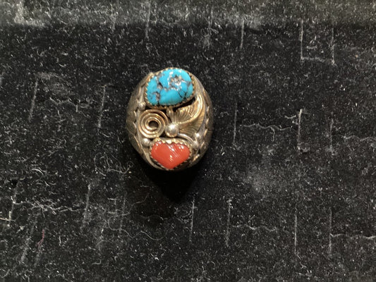 Vintage Coral & Sleeping Beauty Turquoise Men's Ring, Navajo, Size 11 - Turquoise Mustang