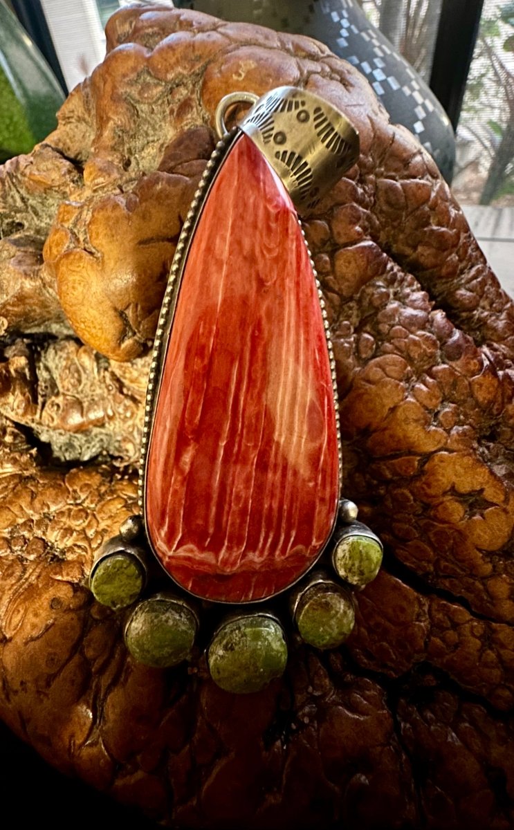 Extra Large Red Spiny Oyster Teardrop Pendant with Gaspeite Cluster Accents by Peterson Johnson - Turquoise Mustang
