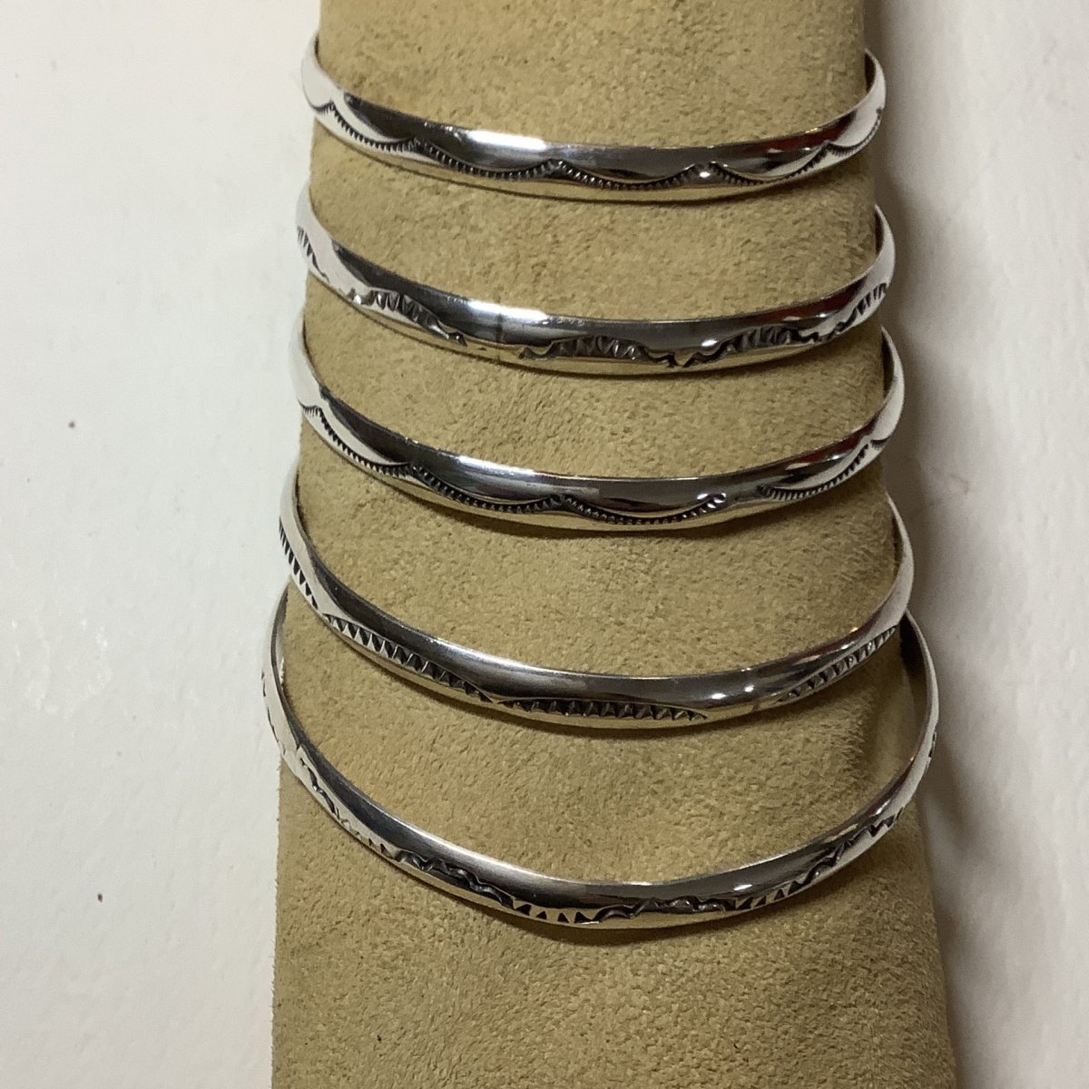 Bangle, stamped, half round, eyelash/clouds, Elaine Tahe - Turquoise Mustang