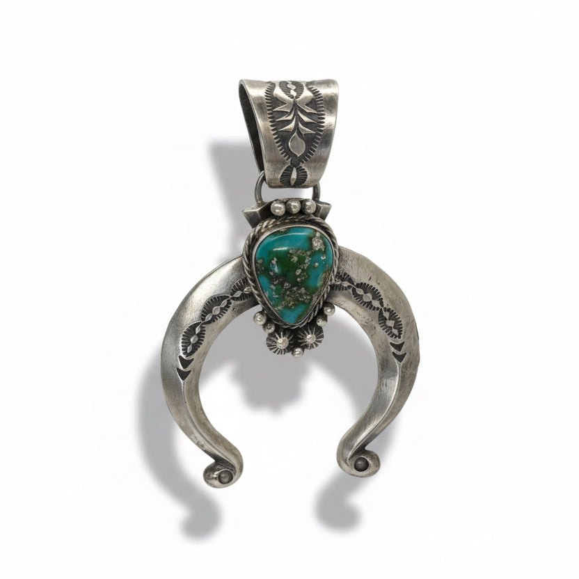 Sterling Silver and Turquoise Teardrop Naja Pendant, Sylvia Yazzie - Turquoise Mustang