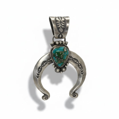 Sterling Silver and Turquoise Teardrop Naja Pendant, Sylvia Yazzie - Turquoise Mustang