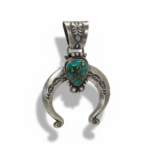 Sterling Silver and Turquoise Teardrop Naja Pendant, Sylvia Yazzie - Turquoise Mustang