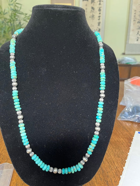 30" Seafoam Kingman Rondelle and 8mm Corrugated Silver Bead and 6mm Silver Pearl Necklace - Turquoise Mustang