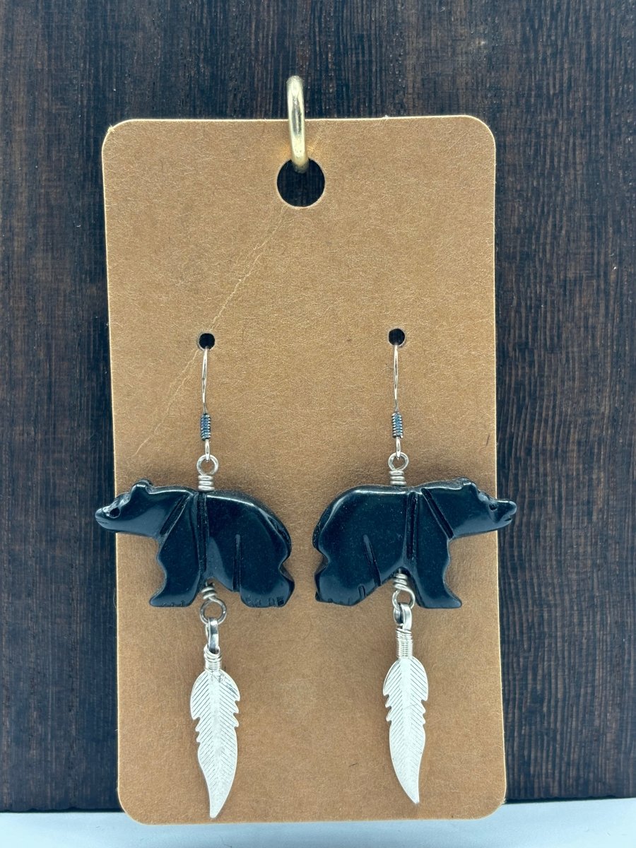 Earring, Black Onyx Bear with Feather Dangle, Native - Turquoise Mustang