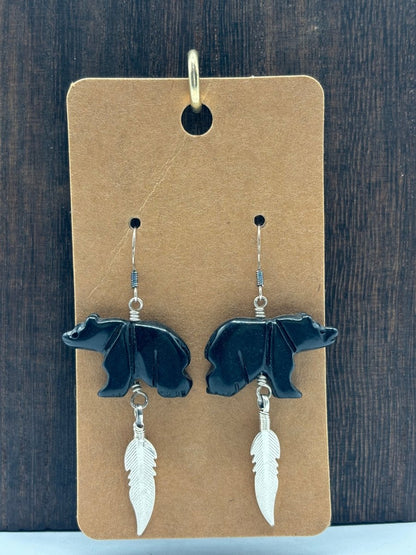 Earring, Black Onyx Bear with Feather Dangle, Native - Turquoise Mustang