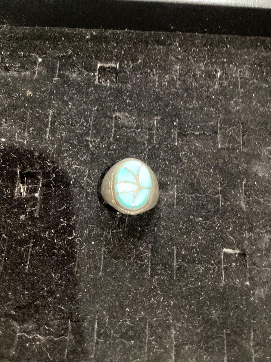Vintage Zuni Inlay Turquoise Men's Ring, Navajo, Size 12 - Turquoise Mustang