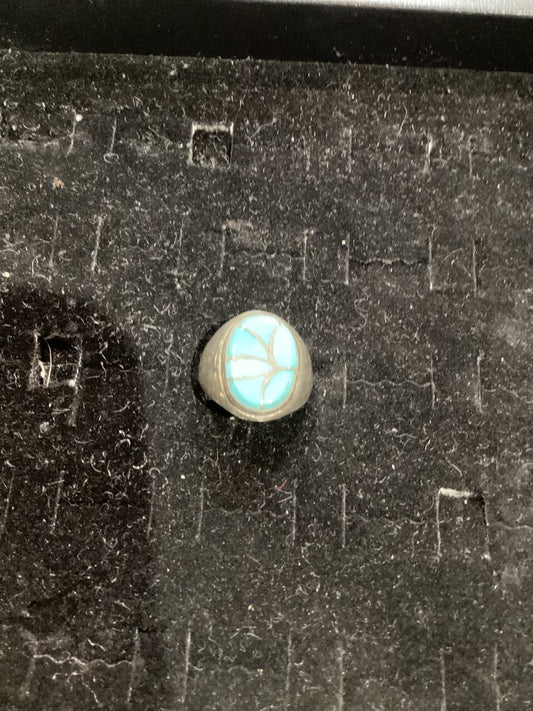 Vintage Zuni Inlay Turquoise Men's Ring, Navajo, Size 12 - Turquoise Mustang