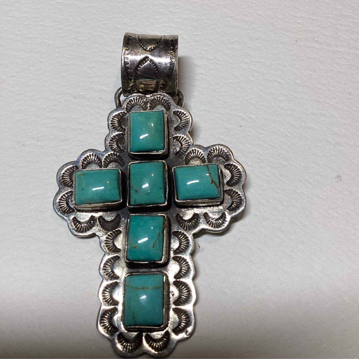 Pendant, Cross, Turquoise 6 - stone on stamped shield, square center rectanglar stones, rope bezel, DD - Turquoise Mustang