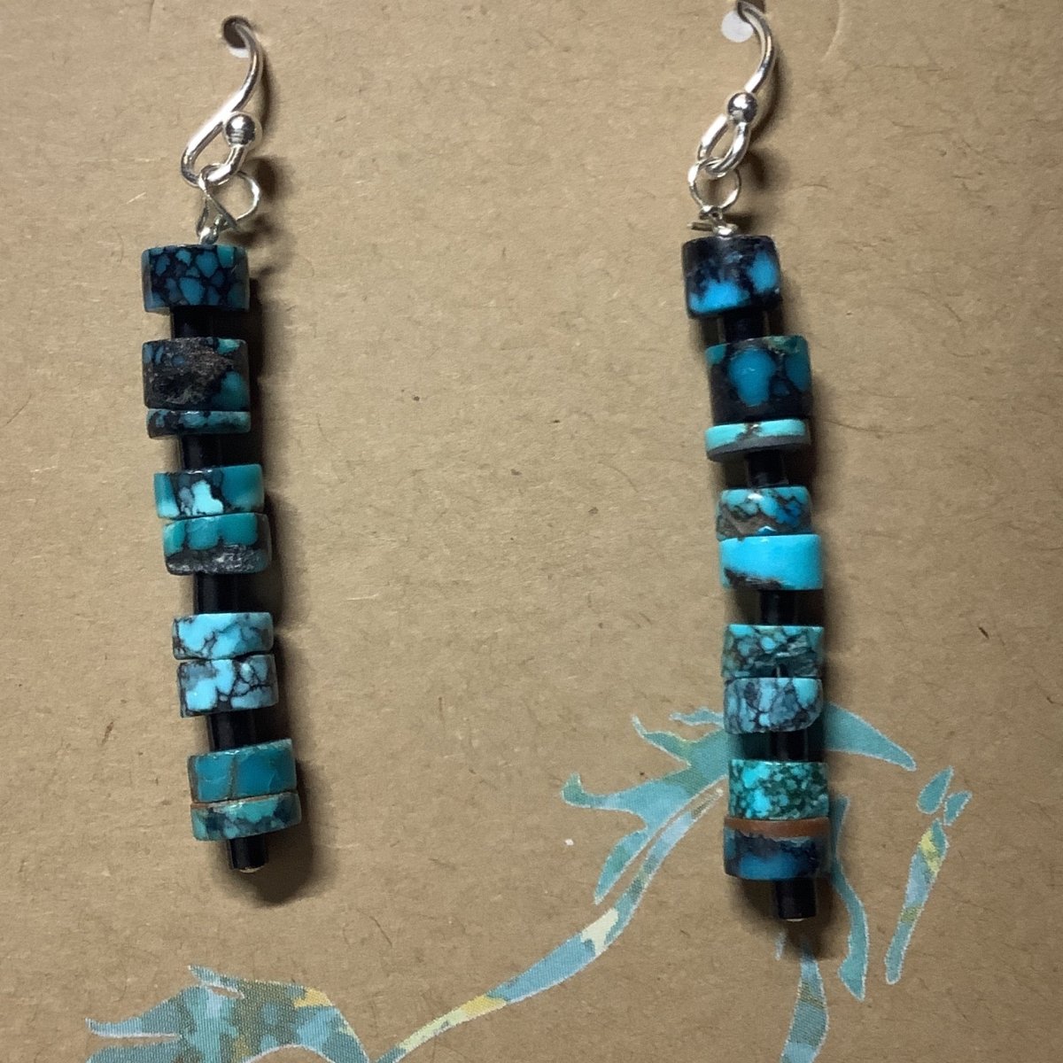 Earrings, Spiderweb TQ withJet spacers, 10 Heishi each, Turquoise Mustang (1) - Turquoise Mustang