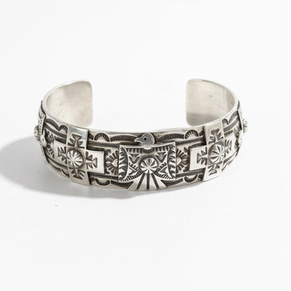 Bracelet, all silver, Thunderbird/Crosses overlay, Darrell Cadman - Turquoise Mustang