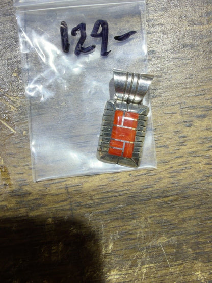 C. Benally Sterling Silver Rectangular Pendant with Coral-Color Geometric Inlay - Turquoise Mustang