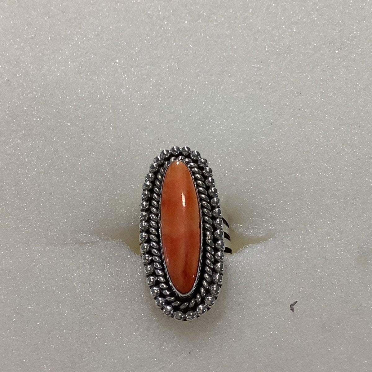 Ring, Orange Spiney Oyster, Skinny Oval with ball and rope bezelDD (1) (1) - Turquoise Mustang