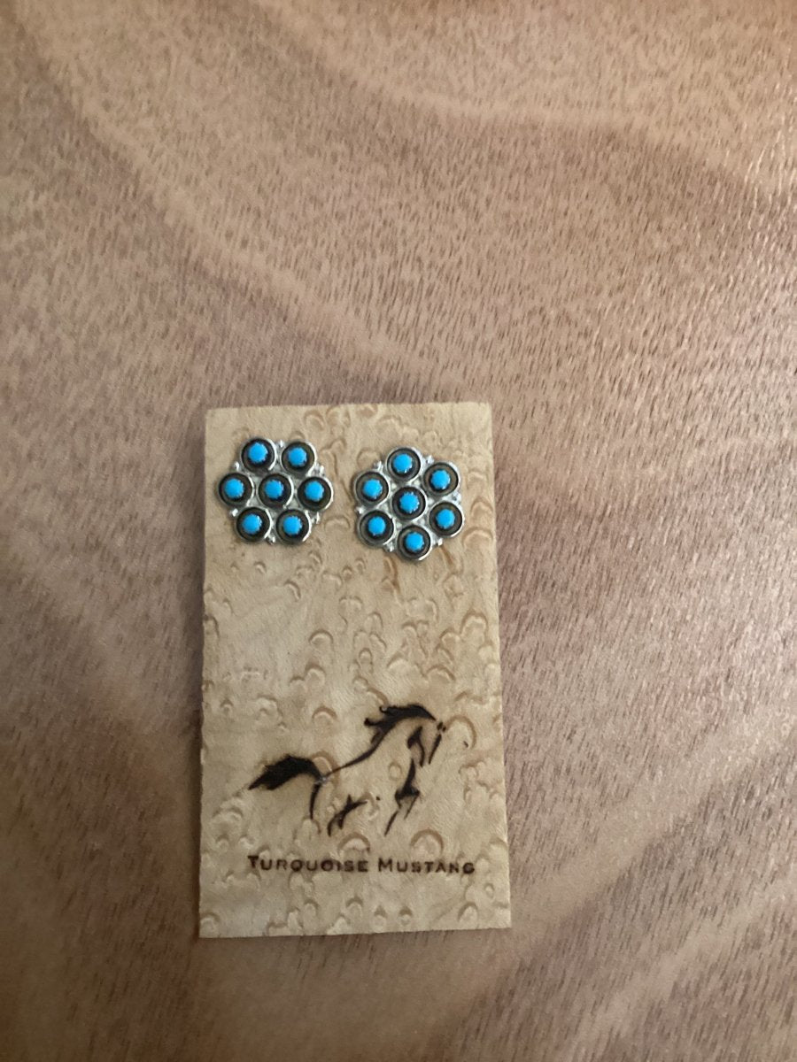 Earrings, 7 Stone Flower, Turquoise & Sterling Silver, Melinda Booqua - Turquoise Mustang