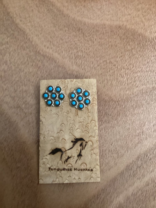 Earrings, 7 Stone Flower, Turquoise & Sterling Silver, Melinda Booqua - Turquoise Mustang