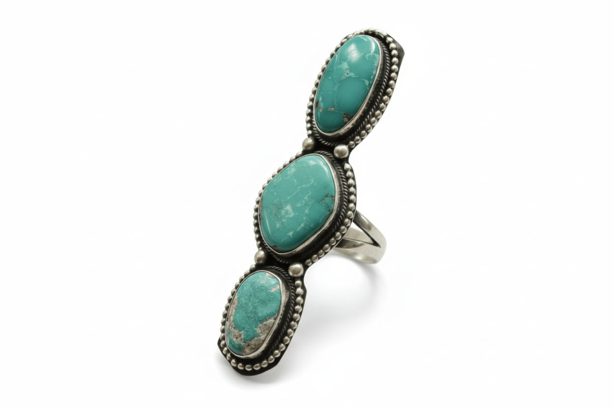 Gila River Large 3 - Stone Freeform Turquoise Ring, by Danny Henio - Turquoise Mustang