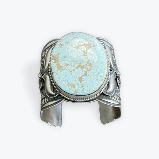 Bracelet, Extra Wide Cuff, 9 - Row Stampwork, Large Oval 8 Turquoise, Repoussé & Overlay, Andy Cadman - Turquoise Mustang