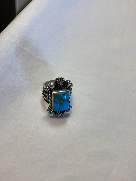 Ring, Premium Kingman rectangle, arrows on shank, Heavy By Hand, Albert Jake - Turquoise Mustang