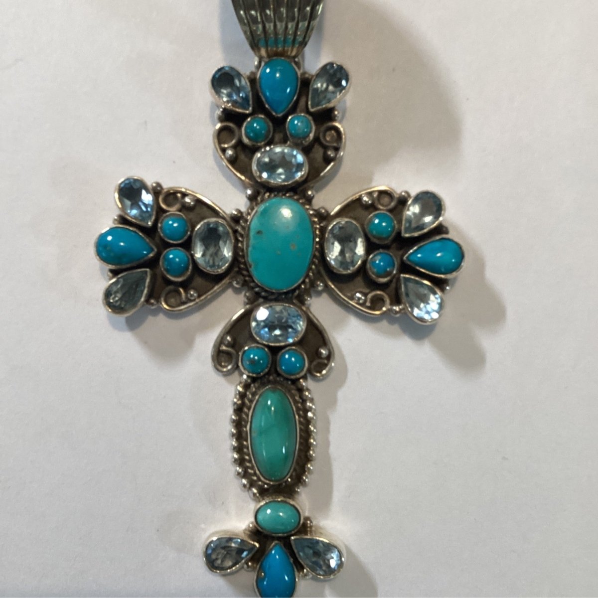 Pendant, Cross, Large Turquoise and Blue Topaz Cluster, 27 mixed stones, DD - Turquoise Mustang