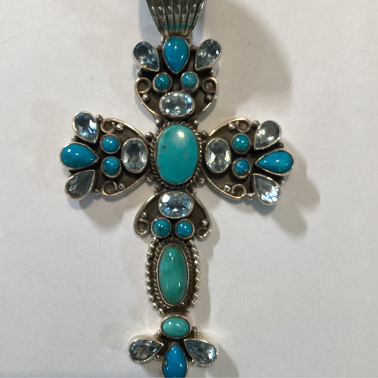 Pendant, Cross, Large Turquoise and Blue Topaz Cluster, 27 mixed stones, DD - Turquoise Mustang
