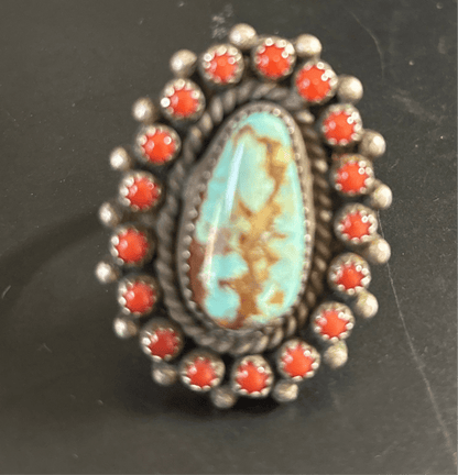 Ring, narrow 21 Stone Cluster Wild Horse with Mediteranean Coral bezel, Peterson Johnson (1) - Turquoise Mustang