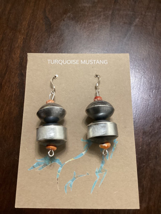 Earring, 4 - bead, 14mm Saucers and cans, Spiny Navajo pearl, Sophia Becenti - Turquoise Mustang