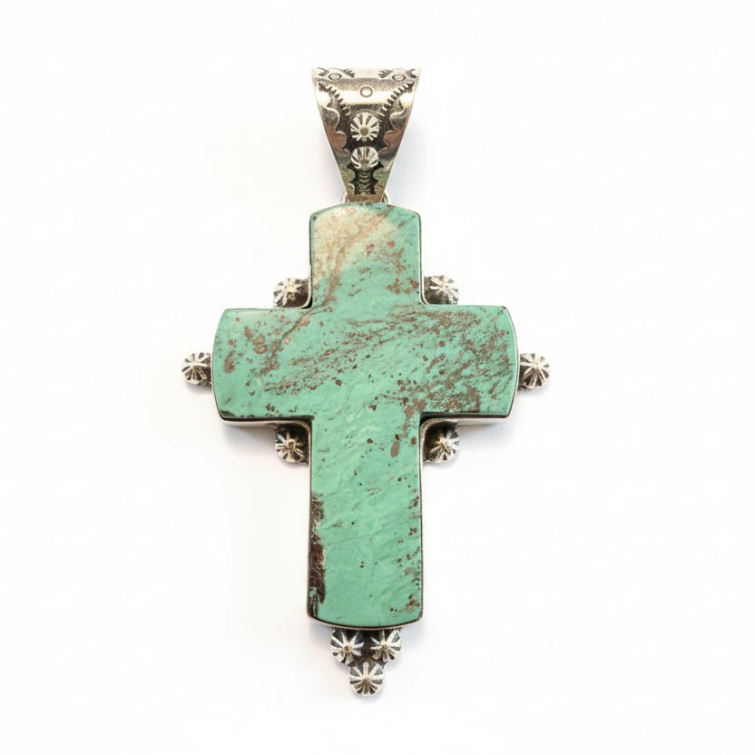 The Sunflower Cross Pendant in Green Kingman Turquoise - Turquoise Mustang