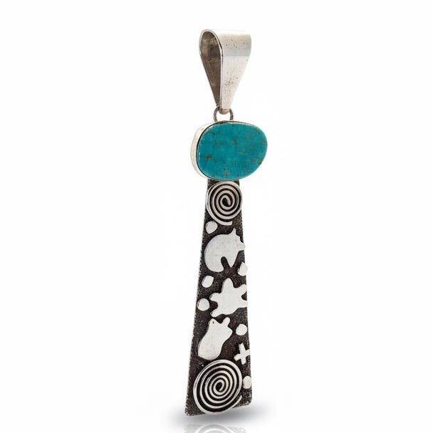 Petroglyph Overlay Pendant with Freeform Kingman Turquoise Stone, by Alex Sanchez - Turquoise Mustang