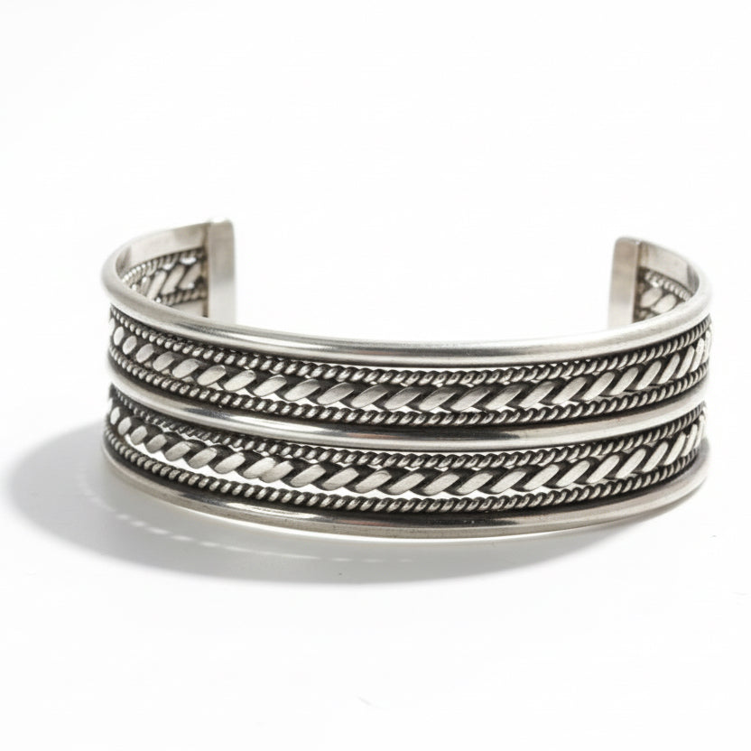 Half - Round Fine Rope and Flattened Rope Five - row Sterling Silver Bracelet Cuff, Tahe - Turquoise Mustang